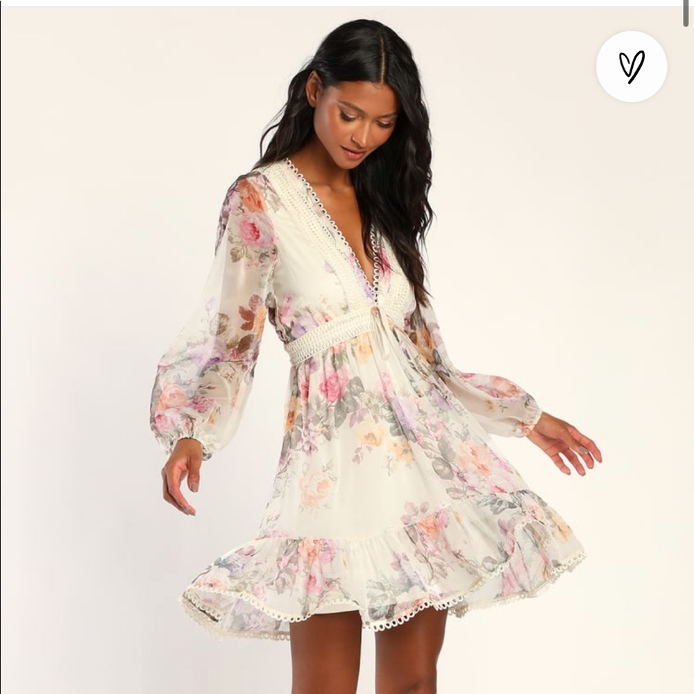 Lulus Ivory Floral Print Long Sleeve Mini Dress